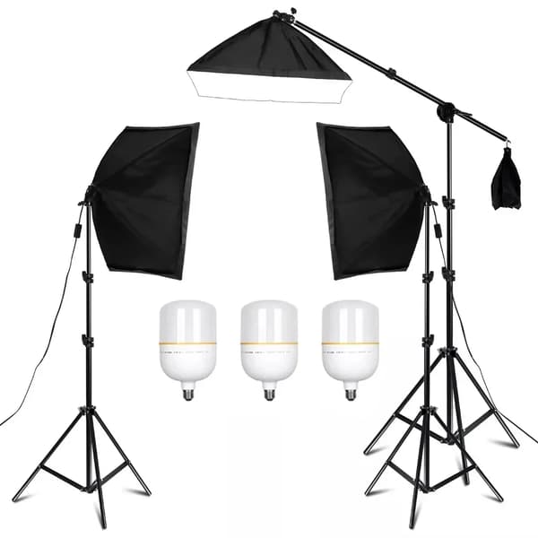 Softbox Belysningskit, 3 Softboxe, Justerbare Lystativer,3stk 2-farvet pærer