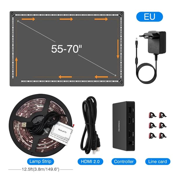 RGBIC-ympäristö LED-taustavalo, yhteensopiva 4K/60Hz:n kanssa, ääniohjaus Alexa- ja Google Assistant -palveluilla,55-70 tuumaa - EU-pistoke