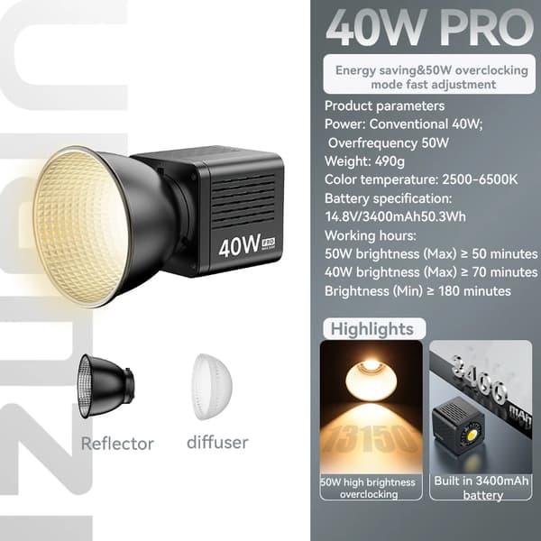 LED Videolys, 40W kraftfuld output, 2500-6500K justerbar farvetemperatur,40W PRO UDEN STIKKONTAKT
