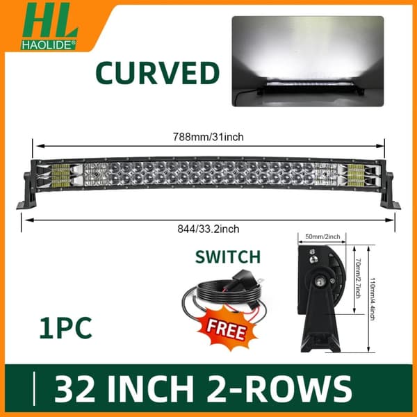 Offroad LED Lygtebar, Dobbelt Række, 6000K-6500K Farvetemperatur, IP68 Klassificeret,32tommer Buet
