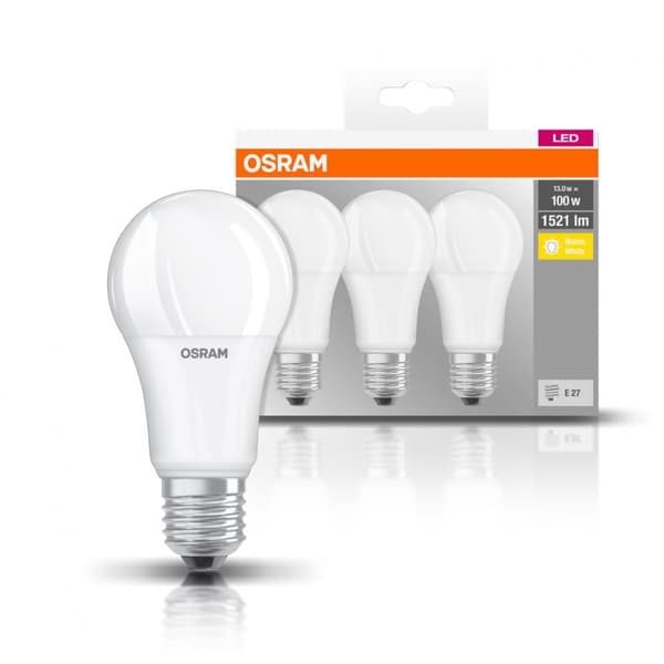 SET 3 becuri LED Osram, soclu E27, putere 13W, forma clasic, lumina alb calda, alimentare 220 - 240 V, "000004058075819412" (timbru verde 1.35 lei)