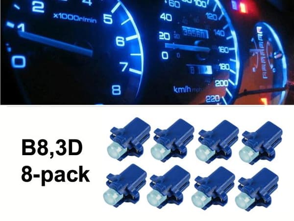 B8,3D blåa Ledlampor med 1st COB ledchip 8-pack instrumentlampa
