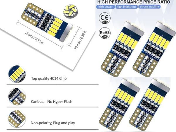 T10 w5w Canbus Röd 4-pack Led lampor med 15st 4014smd chip
