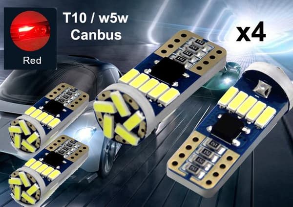 T10 w5w Canbus Röd 4-pack Led lampor med 15st 4014smd chip