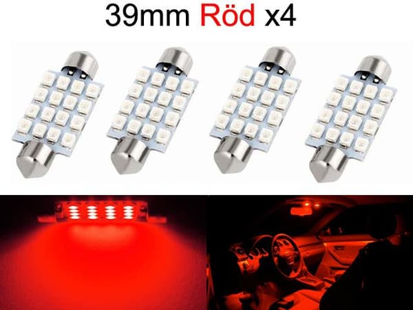 Spollampa 39mm röd 4-pack Led 2835SMD  C5W SV8.5