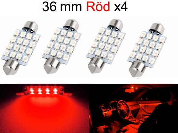 Spollampa 36mm röd 4-pack Led 2835SMD  C5W SV8.5