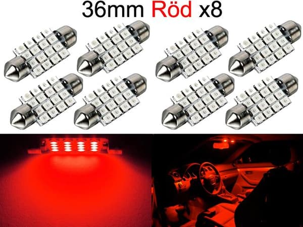 Spollampa 36mm röd 8-pack Led 2835SMD  C5W SV8.5