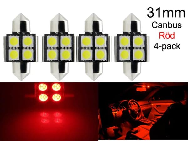 Spollampa 31mm röd canbus Led 5050SMD 4-pack C5W SV8.5
