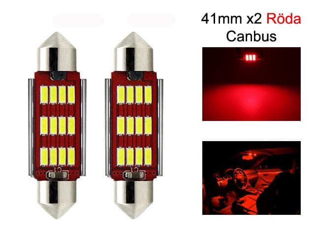 c5w canbus 41mm röd led spollampor SV8.5 festoon 2-pack 12v 24v
