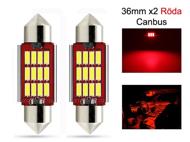 c5w canbus 36mm röd led spollampor SV8.5 festoon 2-pack 12v 24v