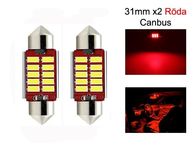 c5w canbus 31mm röd led spollampor SV8.5 festoon 2-pack 12v 24v