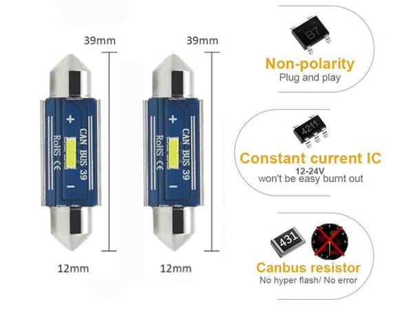 canbus c5w 39mm Led 400 lumen 6000K 2-pack festoon c10w