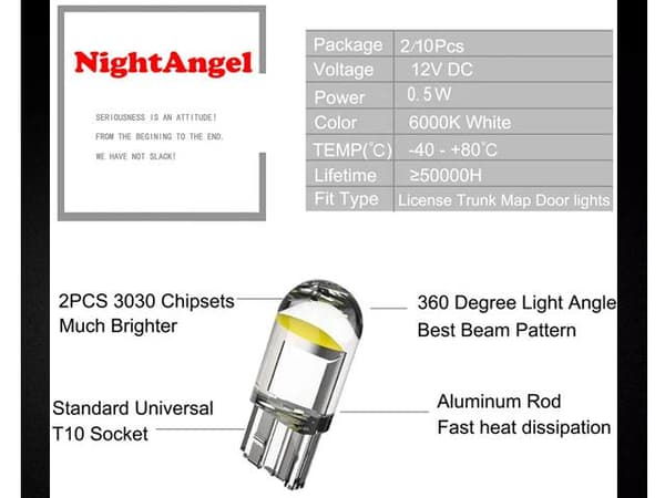 T10 w5w 6000k Led med 1st COB led chip 12v DC  10-pack