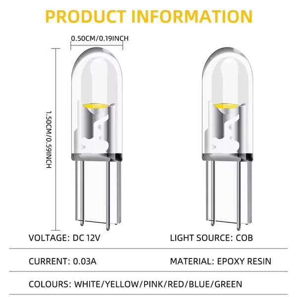 T5 10-pack COB Led W2x4.6d W2.1  W1.2W W2.3W 12v