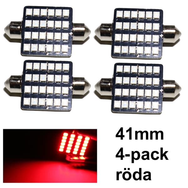 Spollampa 41mm 42mm röd Led 2835SMD 4-pack C5W SV8.5 c10w