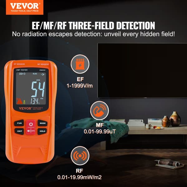 EMF Meter, Måler EF/MF/RF, 5Hz-6GHz Frekvensområde, Højopløselig LCD-skærm