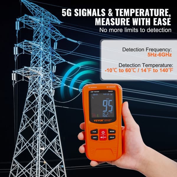 EMF Meter, Måler EF/MF/RF, 5Hz-6GHz Frekvensområde, Højopløselig LCD-skærm