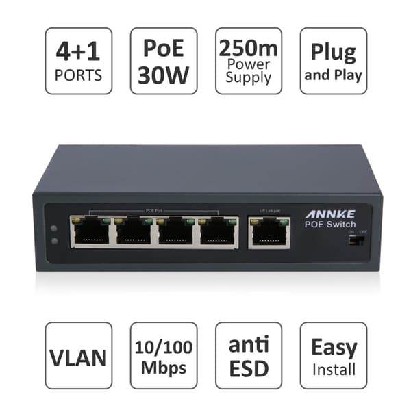 4-Port PoE Switch, 250m transmissionsafstand, 30W strøm pr. port,16CH