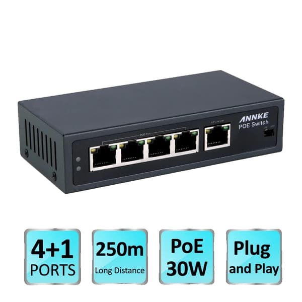 4-Port PoE Switch, 250m transmissionsafstand, 30W strøm pr. port,16CH