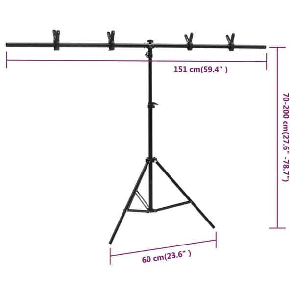 vidaXL Bakgrunnsstativ T-form svart 151x60x(70-200) cm