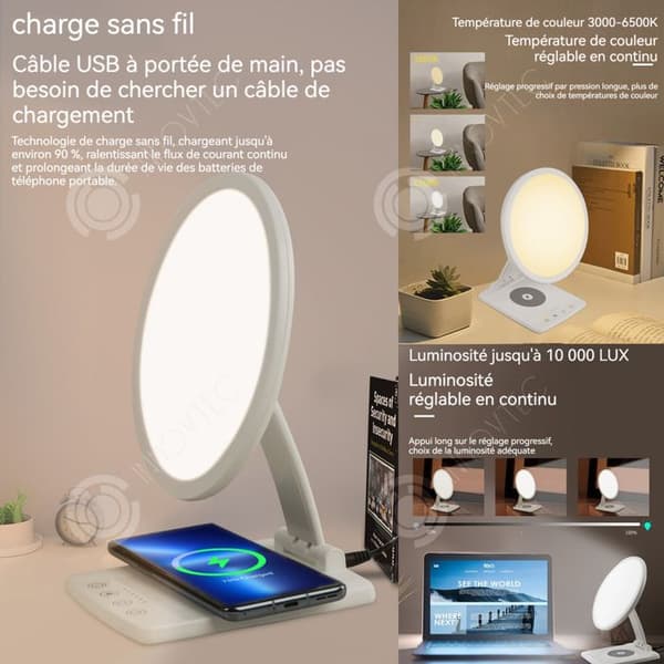INN Lampa för ljusbehandling 10000LUX SAD 2-i-1 ljusbehandling trådlös mobiltelefonladdare justerbar 360 grader