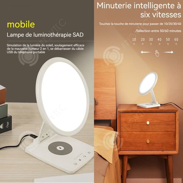 INN Lampa för ljusbehandling 10000LUX SAD 2-i-1 ljusbehandling trådlös mobiltelefonladdare justerbar 360 grader