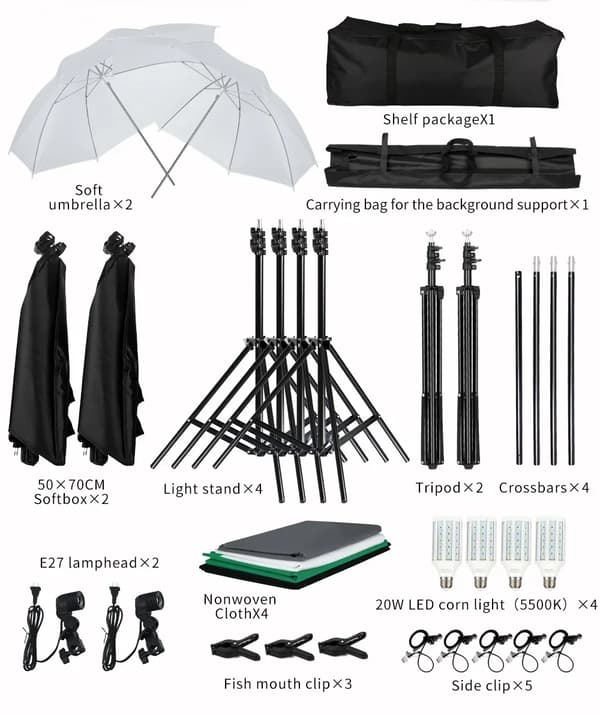 Fotostudio Kit, 50 x 70 cm Softbox, 2,6 x 3 m Bakgrundsstativ,Fotostudio Kit 53-a