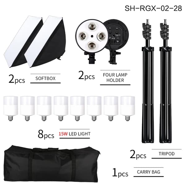 Fotobelysningssats, 4 lampsocklar, 20W LED-ljus,15W ljus