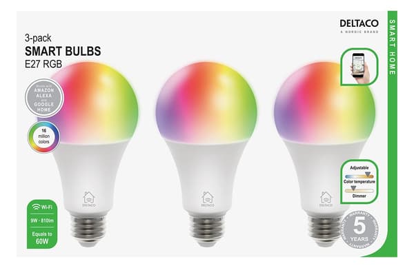 RGB LED lamp 3-pack DELTACO SMART HOME E27, WiFI 2.4GHz, 9W, 810lm, dimmable, 16m colors, 220-240V, white / SH-LE27RGB-3P