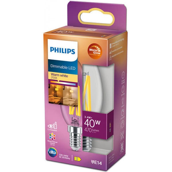 Philips Warm Glow LED -ljus, E14, 470 lm, 2200-2700 K, dimbar
