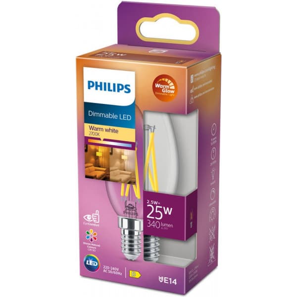 Philips Warm Glow LED-lys, E14, 2200-2700 K, 340 lm, dæmpbar, klar overflade