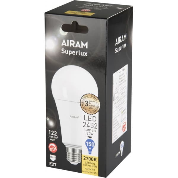 Airam Superlux 20 W -vakiokupulamppu DIM, E27, 2700 K, 2452 lm