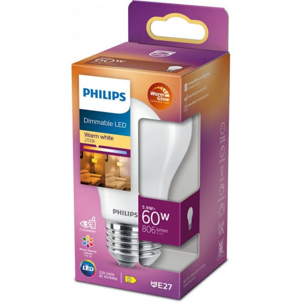 Philips Warm Glow LED-lys, E27, 806 lm, dæmpbar, CRI 90