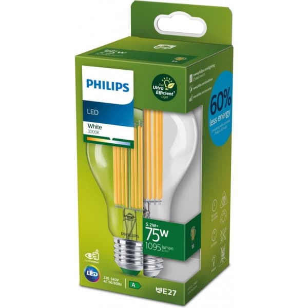 Philips Ultra Effektiv LED-lampe, E27, 3000 K, 1095 lm, klar glas