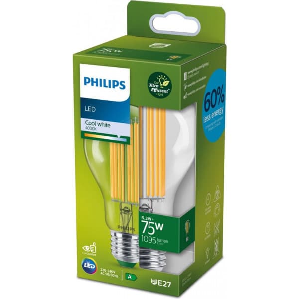 Philips Ultra Effektiv LED-lampe, E27, 4000 K, 1095 lm, klar overflade