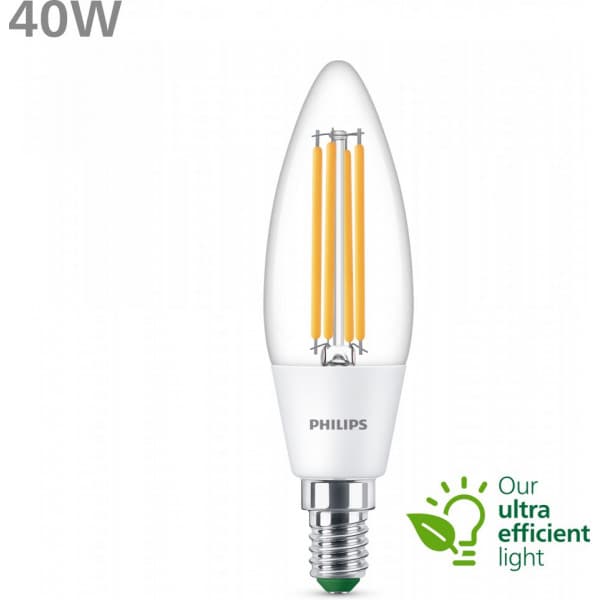 Philips Ultra Effektiv LED -ljus, E14, 3000K, 485 lm, klar yta