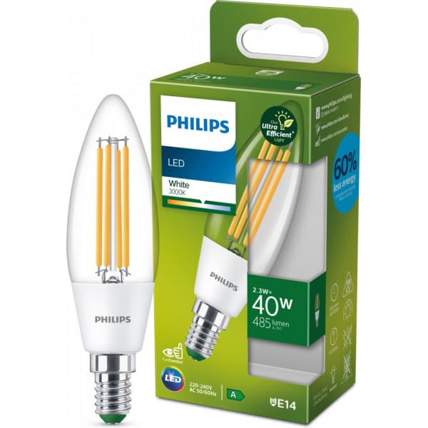 Philips Ultra Effektiv LED -ljus, E14, 3000K, 485 lm, klar yta