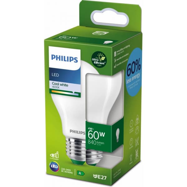 Philips Ultra Effektiv LED-lampa, E27, 4000K, 840 lm, opalskrovlig
