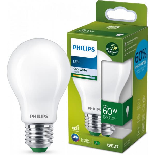 Philips Ultra Effektiv LED-lys, E27, 4000K, 840 lm, opaloverflade