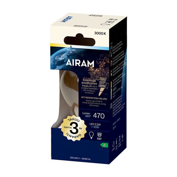 Airam LED A60 -lampa, E27, 3000K, 470lm, klarglasad