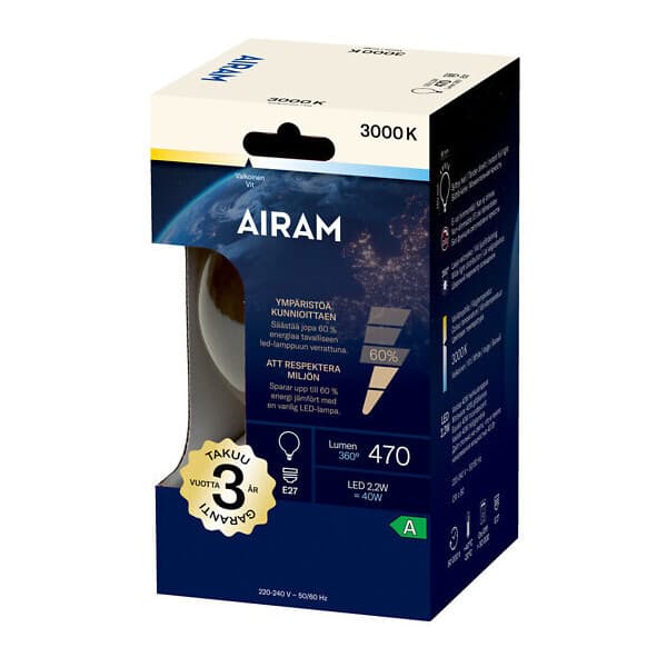 Airam LED G95 -lampa, E27, 3000K, 470lm, klarglas