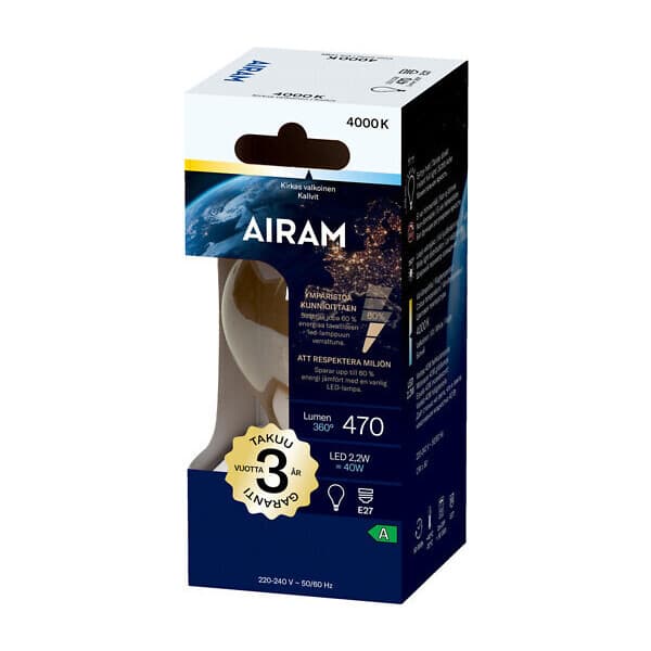 Airam LED A60-lampe, E27, 4000K, 470lm, klar glasmønster