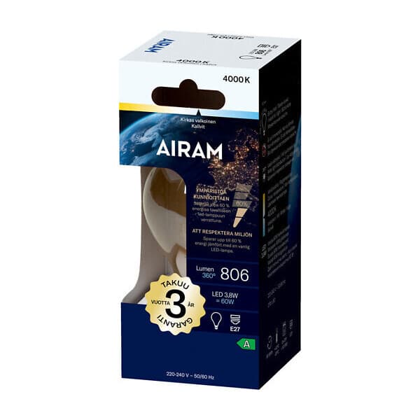 Airam LED A60 -lamppu, E27, 4000K, 806lm, kirkaskupuinen