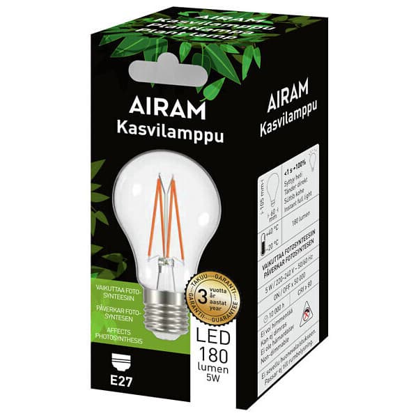 Airam LED växtlampa, E27, klar, filament 180 lm