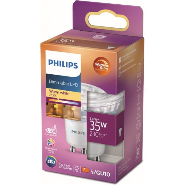 Philips Warm Glow LED-spotlampa, GU10, 2200-2700 K, 230 lm, dimbar