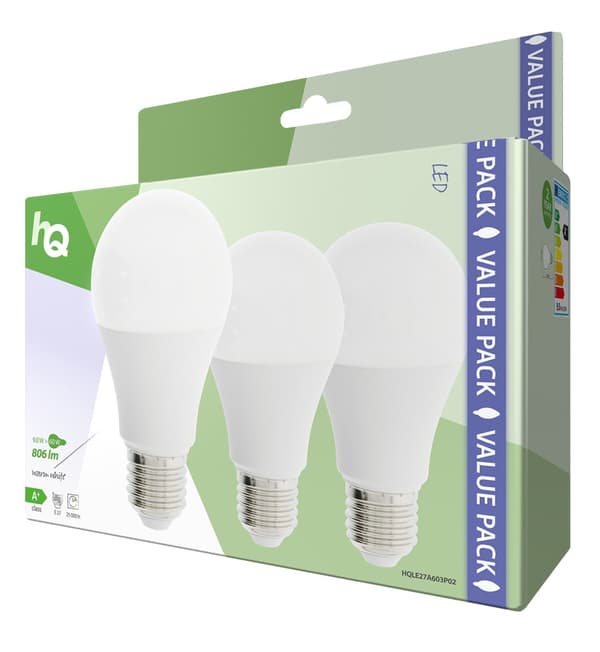 HQ HQLE27A603P02 LED-lampe 3 stk. E27 A60 9 W 806 Lm 2700 K