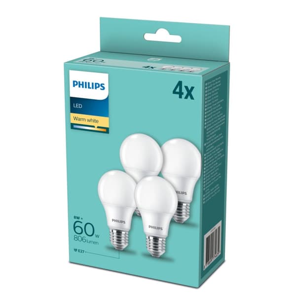 Philips LED-lampa 60W E27 Varmvit 4 delar