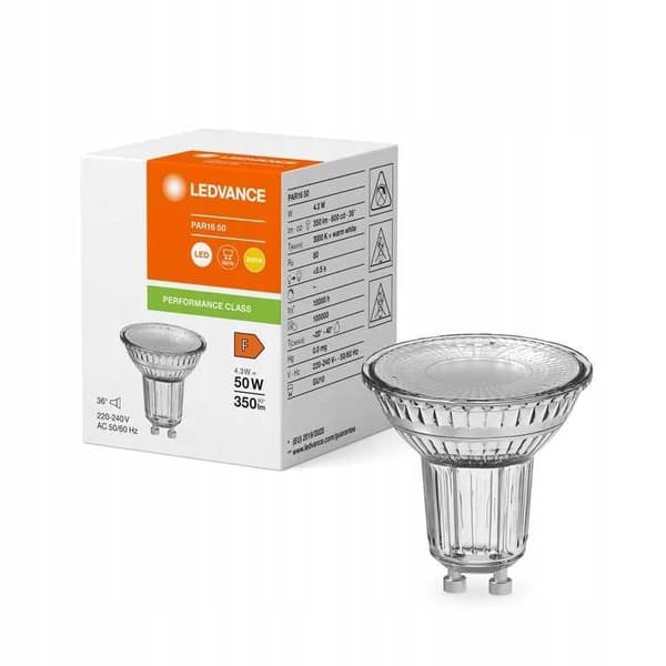 LEDVANCE GU10 4,3 W 3000 K 36° LASINEN LED-lamppu