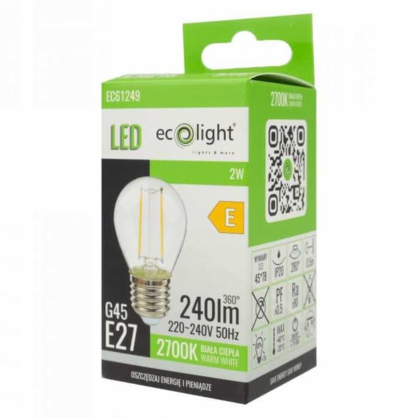 LED-pære FILAMENT-kugle G45 E27 2W 2700K