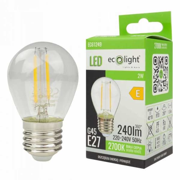 LED-pære FILAMENT-kugle G45 E27 2W 2700K